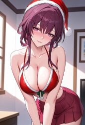 ai_generated alternate_costume bare_arms bare_shoulders bikini bikini_top_only blush breasts christmas cleavage collarbone cowboy_shot female fur-trimmed_headwear fur_trim hat honkai:_star_rail indoors kafka_(honkai:_star_rail) large_breasts leaning_forward long_hair looking_at_viewer miniskirt parted_lips pleated_skirt pom_pom_(clothes) purple_eyes purple_hair red_bikini red_bra red_headwear red_skirt santa_bikini santa_hat shadowrealmarts sidelocks skirt smile solo swimsuit uncensored window