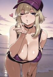 1girls ai_generated beach bent_over bikini blonde_female blonde_hair blue_eyes breasts breasts_bigger_than_head coco_(code_vein) code_vein hat huge_breasts large_breasts pale-skinned_female pale_skin purple_bikini voluptuous wink