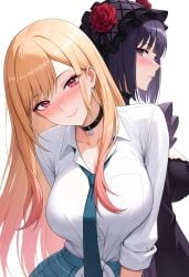 2girls ai_generated black_choker black_dress black_hair blonde_hair blue_necktie blue_skirt blush bonnet breasts choker cleavage closed_mouth collarbone collared_shirt cosplay dress ear_piercing earrings flower gothic_lolita gradient_hair hairband jewelry kitagawa_marin large_breasts lolita_fashion lolita_hairband long_hair long_sleeves looking_at_viewer multicolored_hair multiple_girls necktie piercing purple_eyes purple_hair red_eyes rose school_uniform shadowrealmarts shirt short_hair simple_background skirt smile sono_bisque_doll_wa_koi_wo_suru tied_shirt uncensored white_background white_shirt