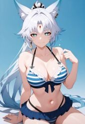 ai_generated animal_ear_fluff animal_ears bare_arms bare_shoulders bikini bikini_skirt blue_background blue_bikini blue_eyes blue_hair breasts cleavage closed_mouth collarbone earrings facial_mark feixiao_(honkai:_star_rail) female fox_ears frilled_bikini frills gradient_background gradient_hair halterneck hand_up jewelry large_breasts long_hair looking_at_viewer multicolored_hair navel parted_bangs ponytail red_eyeliner shadowrealmarts sitting smile solo stomach striped_bikini striped_clothes swimsuit thighs uncensored very_long_hair white_hair