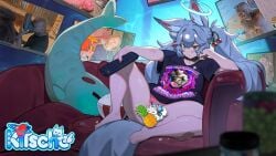 barefoot censored couch fox_ears fox_girl fox_tail indie_virtual_youtuber kirsche_verstahl panties pantsless plush popcorn scrunchie strawberry_print t-shirt virtual_youtuber