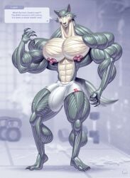 2024 abs anthro artist_name beastars biceps big_biceps big_bulge big_muscles big_nipples big_pecs biped black_finger_claws black_nose black_toe_claws blue_arms blue_body blue_ears blue_feet blue_legs blue_tail blue_text blurred_background boxer_briefs boxer_briefs_only bulge canid canine canis clothed clothing countershade_face countershade_torso countershading digital_drawing_(artwork) digital_media_(artwork) dumbbell english_text exclamation_point eyebrow_scar eyebrows facial_scar feet gym hi_res honorific huge_bulge huge_muscles humanoid_feet hyper hyper_muscles interrobang japanese_honorific legoshi_(beastars) looking_at_viewer male mammal muscular muscular_anthro muscular_arms muscular_biceps muscular_legs muscular_male muscular_thighs neck_muscles nipples obliques open_mouth pecs pink_inner_ear pink_nipples plantigrade pronounced_browridge scar serratus shadow sharp_teeth signature solo speech_bubble standing tail talking_to_viewer tan_body tan_countershading tan_face teeth text thick_arms thick_neck thick_thighs topless topless_anthro topless_male trapezius underwear underwear_only underwear_tag weights white_boxer_briefs white_clothing white_speech_bubble white_underwear wolf wolfiecanem