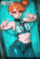 ai_generated aqua_eyes artist_name blush breasts dollmaker dollmaker_(artist) female heart in_container kasumi_(pokemon) midriff navel orange_hair patreon_username pokemon pokemon_(creature) side_ponytail smile solo sonia_(pokemon) tagme watermark waving wet