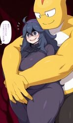ai_generated dark_hair grabbing_from_behind hex_maniac huge_breasts japanese_text long_hair pokemon