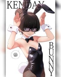 angry annoyed annoyed_expression annoyed_face bunny_ears bunny_pose bunny_suit bunnysuit female_focus female_only flat_chest glasses kenday70 mole mole_under_eye short_hair