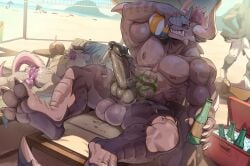 3_toes abs alcohol anthro ball balls bara_with_male_audience beach beer beverage bodily_fluids claws cobu cum digital_drawing_(artwork) digital_media_(artwork) duo erection feet gay gay_male genital_fluids genital_piercing genitals hair hi_res horn knot male male/male muscular muscular_anthro muscular_male nipples pecs penis penis_piercing piercing prince_albert_piercing tail teeth toes volleyball_(ball)