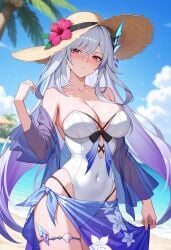 ai_generated alternate_costume bare_shoulders beach blue_sky blush breasts cleavage closed_mouth cloud collarbone covered_navel cowboy_shot day female flower genshin_impact grey_hair hair_ornament hand_up hat hat_flower highleg large_breasts long_hair looking_at_viewer ocean one-piece_swimsuit outdoors palm_tree red_eyes sarong see-through shadowrealmarts skindentation skirk_(genshin_impact) sky solo straw_hat swimsuit thigh_strap thighs tree uncensored very_long_hair water white_one-piece_swimsuit