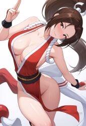 ai_generated arm_guards bare_shoulders blush breasts brown_eyes brown_hair cleavage closed_mouth collarbone female high_ponytail japanese_clothes large_breasts long_hair looking_at_viewer ninja no_bra no_panties obi parted_bangs pelvic_curtain ponytail revealing_clothes rope sash shadowrealmarts shiranui_mai sideboob simple_background smile solo street_fighter thighs uncensored white_background