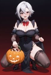 ai_generated alternate_costume arlecchino_(genshin_impact) black_dress black_eyes black_footwear black_hair black_nails black_thighhighs blush bow bowtie breasts candy cleavage covered_navel detached_collar detached_sleeves dress fangs female food frills full_body gradient_background grey_hair hair_between_eyes halloween halloween_bucket halloween_costume high_heels holding large_breasts looking_at_viewer multicolored_hair open_mouth pelvic_curtain red_bow red_bowtie red_pupils shadowrealmarts short_hair smile solo spread_legs squatting streaked_hair symbol-shaped_pupils thighhighs thighs two-tone_hair uncensored white_hair x-shaped_pupils