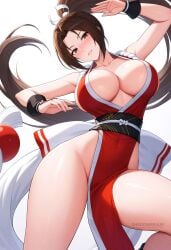 ai_generated bare_shoulders blush breasts brown_eyes brown_hair cleavage collarbone female high_ponytail japanese_clothes large_breasts long_hair looking_at_viewer ninja no_bra obi parted_bangs parted_lips pelvic_curtain ponytail revealing_clothes rope sash shadowrealmarts shiranui_mai sideboob simple_background smile solo street_fighter thighs uncensored white_background