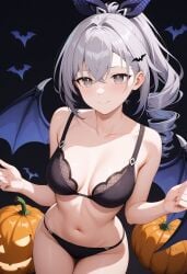 ai_generated bare_arms bare_shoulders bat_(animal) bat_wings black_background black_bra black_panties blush bra breasts closed_mouth collarbone cowboy_shot crossed_bangs demon_wings drill_hair female grey_eyes grey_hair hair_ornament hair_ribbon hairclip halloween jack-o'-lantern long_hair looking_at_viewer medium_breasts navel panties ponytail pumpkin shadowrealmarts silver_wolf_(honkai:_star_rail) smile solo stomach thighs uncensored underwear underwear_only wings
