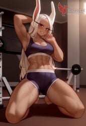 1girls 2d abs ai_generated ass big_ass big_breasts boku_no_hero_academia breasts cleavage dark-skinned_female dark_skin erophoenix female female_focus full_body gym looking_at_viewer mirko miruko muscle muscular_female my_hero_academia navel patreon_username solo solo_female sports_bra thick thick_thighs toned uncensored