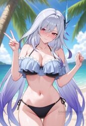 ai_generated alternate_costume bare_shoulders beach bikini black_bikini blue_sky blush breasts butterfly_hair_ornament cleavage closed_mouth collarbone cowboy_shot day female frilled_bikini frills genshin_impact gradient_hair grey_hair hair_between_eyes hair_ornament hands_up large_breasts long_hair looking_at_viewer navel ocean outdoors palm_tree red_eyes shadowrealmarts side-tie_bikini_bottom skirk_(genshin_impact) sky solo stomach swimsuit thighs tree uncensored v very_long_hair