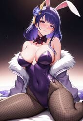 ai_generated alternate_costume animal_ears bare_shoulders blush braided_ponytail breasts cleavage closed_mouth covered_navel detached_collar fake_animal_ears female fishnet_pantyhose fishnets fur-trimmed_jacket fur_trim genshin_impact hair_ornament highleg highleg_leotard jacket large_breasts leotard long_hair long_sleeves looking_at_viewer mole mole_under_eye off_shoulder open_clothes pantyhose playboy_bunny purple_eyes purple_hair purple_leotard rabbit_ears raiden_shogun shadowrealmarts sitting smile solo strapless strapless_leotard thighs uncensored very_long_hair wariza