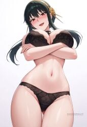 :d ai_generated arms_under_breasts artist_name ass_visible_through_thighs black_bra black_choker black_hair black_panties blush bra breasts choker cleavage cowboy_shot crossed_arms earrings female flower from_below gold_hairband hair_flower hair_ornament hairband jewelry large_breasts long_hair looking_at_viewer navel open_mouth panties red_eyes red_nails rose shadowrealmarts sidelocks simple_background smile solo spy_x_family stomach teeth thigh_gap thighs uncensored underwear underwear_only upper_teeth_only white_background yor_briar