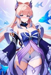 ai_generated bare_shoulders blue_bow blue_hair blunt_bangs blush bow bow-shaped_hair breasts choker cleavage closed_mouth cowboy_shot detached_collar detached_sleeves dress female fish frilled_sleeves frills genshin_impact gradient_hair large_breasts long_hair long_sleeves looking_at_viewer multicolored_hair navel pink_hair purple_eyes sangonomiya_kokomi shadowrealmarts short_shorts shorts smile solo stomach thighhighs thighs uncensored very_long_hair vision_(genshin_impact) white_shorts white_thighhighs wide_sleeves