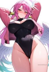 ai_generated angel_wings animal_ears arms_behind_head arms_up artist_name ass_visible_through_thighs bird_ears black_leotard blush breasts cameltoe cleavage cleavage_cutout closed_mouth clothing_cutout covered_navel cowboy_shot feathered_wings female fur-trimmed_jacket fur_trim gradient_hair groin halo highleg highleg_leotard jacket jibril_(no_game_no_life) large_breasts leotard long_hair long_sleeves looking_at_viewer low_wings multicolored_eyes multicolored_hair no_game_no_life open_clothes open_jacket pink_hair pink_jacket shadowrealmarts simple_background smile solo thigh_gap thighs uncensored very_long_hair white_background white_wings wing_ears wings yellow_eyes