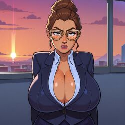 1girls ai_generated angry arcane big_breasts big_breasts blue_suit breasts breasts brown_hair brown_skin cleavage clothed_female clothing collared_shirt female female female_focus female_only formal huge_boobs huge_breasts indoors large_boobs large_breasts league_of_legends looking_at_viewer short_hair sky_young solo solo_female solo_focus suit window