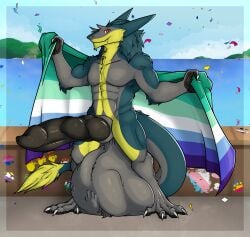 absurd_res animal_genitalia anthro ball_bulge balls big_balls big_penis brom_(sahurus) cock_vore erection fangs fillinek flag full_balls fur genitals green_body green_fur grey_body grey_fur happy hi_res huge_balls huge_cock hyper hyper_balls hyper_genitalia hyper_penis knot knotted_penis lgbt_pride male male_pred muscular muscular_male pawpads paws penile penis pride_colors sergal smile solo tail tail_tuft teeth tuft vore yellow_body yellow_fur