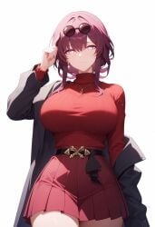 ai_generated alternate_costume belt black_belt black_jacket breasts closed_mouth coat cowboy_shot earrings eyewear_on_head female hair_between_eyes hand_up jacket jewelry kafka_(honkai:_star_rail) large_breasts long_hair long_sleeves looking_at_viewer necklace off_shoulder open_clothes pince-nez pleated_skirt purple_eyes purple_hair red_skirt red_sweater round_eyewear shadowrealmarts sidelocks simple_background skirt smile solo sunglasses sweater thighs turtleneck turtleneck_sweater uncensored white_background