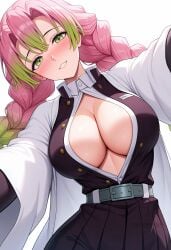 ai_generated belt black_skirt blush braid breasts cleavage demon_slayer demon_slayer_uniform female gradient_hair green_eyes green_hair haori jacket japanese_clothes kanroji_mitsuri large_breasts long_hair long_sleeves looking_at_viewer mole mole_under_eye multicolored_hair open_clothes parted_lips partially_unbuttoned pink_hair pleated_skirt shadowrealmarts shirt simple_background skirt smile solo tri_braids twin_braids uncensored white_background white_belt white_shirt
