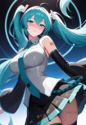 ahoge ai_generated aqua_eyes aqua_hair aqua_necktie bare_shoulders black_skirt black_sleeves black_thighhighs blue_necktie blush breasts closed_mouth collared_shirt cowboy_shot detached_sleeves female floating_hair hair_between_eyes hair_ornament hatsune_miku large_breasts long_hair long_sleeves looking_at_viewer miniskirt necktie number_tattoo pleated_skirt shadowrealmarts shirt shoulder_tattoo skirt sleeveless sleeveless_shirt smile solo tattoo thighhighs thighs twintails uncensored very_long_hair white_shirt zettai_ryouiki
