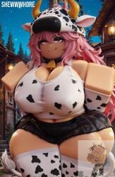 1girls ai_generated big_breasts cow_hood cow_print pink_hair reference_image roblox roblox_avatar shewwwhore solo solo_female thick_thighs