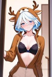 ai_generated alternate_costume animal_costume antlers black_bra blue_eyes blue_hair blush bow_bra bra breasts cleavage closed_mouth collarbone female furina_(genshin_impact) hair_between_eyes hood hood_up horns indoors long_sleeves looking_at_viewer medium_breasts multicolored_hair navel partially_unzipped reindeer_costume shadowrealmarts short_hair smile solo streaked_hair uncensored underwear upper_body white_hair zipper