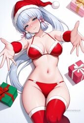 ai_generated alternate_costume bare_shoulders bikini blue_eyes blue_hair blunt_bangs blush box breasts christmas cleavage collarbone detached_sleeves female fur_trim genshin_impact gift gift_box grey_hair hair_ribbon hat kamisato_ayaka large_breasts light_blue_hair long_hair looking_at_viewer lying medium_breasts mole mole_under_eye navel on_back outstretched_arms parted_lips ponytail red_bikini red_headwear red_thighhighs ribbon santa_bikini santa_costume santa_hat shadowrealmarts sidelocks smile solo stomach swimsuit thighhighs thighs tress_ribbon uncensored