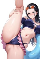 ai_generated bare_shoulders bikini black_hair blue_eyes blush breasts cameltoe closed_mouth eyewear_on_head female forehead frilled_bikini frills hair_slicked_back innertube large_breasts leg_hold leg_lift leg_up long_hair looking_at_viewer navel nico_robin off_shoulder official_alternate_costume one_piece shadowrealmarts simple_background smile solo split standing standing_on_one_leg standing_split stomach sunglasses swim_ring swimsuit thighs uncensored white_background