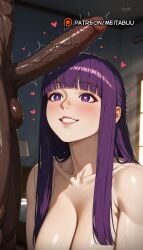 1boy ai_generated blunt_bangs blush breasts cleavage collarbone completely_nude dark-skinned_male dark_skin erection female fern_(sousou_no_frieren) frieren_beyond_journey's_end grin heart heart-shaped_pupils imminent_fellatiofern_(sousou_no_frieren) indoors interracial large_breasts large_penis long_hair looking_at_penis meitabuu nude penis penis_awe purple_eyes purple_hair sidelocks smile solo_focus sousou_no_frieren straight straight_hair symbol-shaped_pupils teeth testicles trembling twitching_penis uncensored upper_body veins veiny_penis very_dark_skin
