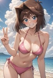 1girls ai_generated bikini blue_eyes cute pink_bikini solo tea_gardner yu-gi-oh!