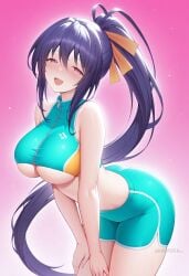 :d ai_generated ass bare_arms bare_shoulders black_hair blue_shorts blush breasts crop_top female hair_between_eyes hair_ribbon himejima_akeno large_breasts leaning_forward long_hair looking_at_viewer midriff open_mouth orange_ribbon pink_background ponytail purple_eyes ribbon shadowrealmarts short_shorts shorts sleeveless smile solo sports_bra sweat thighs uncensored underboob very_long_hair