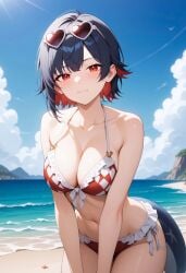ai_generated bare_arms bare_shoulders beach bikini black_hair blue_sky blush breasts cleavage closed_mouth cloud collarbone colored_inner_hair cowboy_shot day ellen_joe eyewear_on_head female fish_tail frilled_bikini frills front-tie_bikini_top front-tie_top halterneck heart heart-shaped_eyewear large_breasts leaning_forward looking_at_viewer multicolored_hair navel ocean outdoors red_bikini red_eyes red_hair shadowrealmarts short_hair side-tie_bikini_bottom sky solo starfish stomach sunglasses swimsuit tail two-tone_hair uncensored zenless_zone_zero