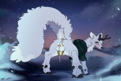 absurd_res anus balls cage canid canine chastity_cage chastity_device colored deer deerfox_(hilda) easter easter_egg feral fox genitals hi_res holidays hooves hybrid lostgoose male mammal pinky_bestia raised_tail shy sky snow solo tail
