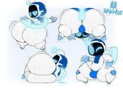 absurd_res antennae_(anatomy) anthro ass astro_(astro_bot) astro_bot_(series) big_butt blue_eyes bodily_fluids cape clothing clothing_pull crouching digital_media_(artwork) hi_res looking_at_viewer machine male robot screen screen_face simple_background solo sony_corporation sony_interactive_entertainment sparkothefailure sweat thick_thighs underwear underwear_pull white_body