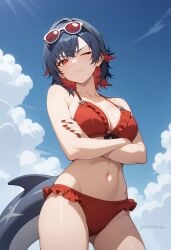 ai_generated bare_shoulders bikini black_hair blue_sky blush breasts cleavage closed_mouth cloud colored_inner_hair cowboy_shot crossed_arms day ellen_joe eyewear_on_head female fins fish_tail frilled_bikini frills large_breasts looking_at_viewer medium_breasts multicolored_hair nail_polish navel one_eye_closed outdoors red-tinted_eyewear red_bikini red_eyes red_hair red_nails shadowrealmarts shark_tail short_hair sky solo stomach sunglasses swimsuit tail two-tone_hair uncensored zenless_zone_zero