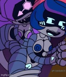 blue_eyes blue_hair blush futa_on_female futanari intersex murder_drones possessed primedude34 purple_eyes purple_hair rebecca_(murder_drones) robot robot_girl sharp_teeth smiling tail tail_grab uzi_(murder_drones)