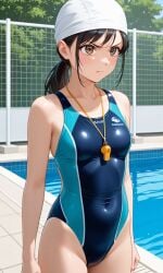 1girls ai_generated annoyed_expression competition_swimsuit female gofgou one-piece_swimsuit original swimming_cap swimsuit