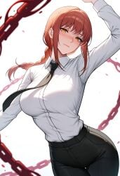 ai_generated arm_up black_necktie black_pants blush braid braided_ponytail breasts chains chainsaw_man closed_mouth collared_shirt cowboy_shot dress_shirt female high-waist_pants large_breasts long_hair long_sleeves looking_at_viewer makima_(chainsaw_man) necktie orange_eyes pants red_hair ringed_eyes shadowrealmarts shirt shirt_tucked_in sidelocks simple_background smile solo thigh_gap uncensored white_background white_shirt yellow_eyes
