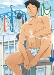 10s 1boy 2014 asu-kam briefs bulge cigarette half_naked male male_only nipples solo tagme underwear underwear_only white_underwear