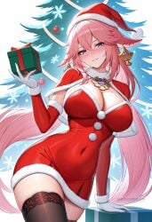 ai_generated alternate_costume animal_ears black_thighhighs blush box breasts capelet christmas christmas_tree cleavage covered_navel cowboy_shot detached_sleeves dress earrings female floppy_ears fox_ears fur-trimmed_capelet fur-trimmed_dress fur-trimmed_headwear fur_trim gen genshin_impact gift gift_box gloves hair_between_eyes hat holding jewelry large_breasts long_hair looking_at_viewer parted_lips pink_hair pom_pom_(clothes) purple_eyes red_capelet red_dress red_headwear santa_costume santa_dress santa_hat shadowrealmarts smile solo thighhighs thighs uncensored very_long_hair white_gloves yae_miko