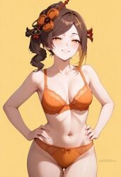 ai_generated bare_shoulders bra breasts brown_hair chiori_(genshin_impact) cleavage collarbone cowboy_shot female grin hair_ornament hands_on_own_hips long_hair looking_at_viewer medium_breasts navel orange_bra orange_eyes orange_panties panties shadowrealmarts simple_background smile solo stomach thighs uncensored underwear underwear_only yellow_background