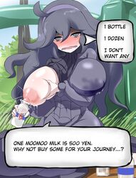 @_@ absurdres ahe_gao ahoge areolae ayuayu_(shouyu_no_sato) black_hair blush bottle breast_hold breast_slip breasts bush clothing dress female grass hairband hard_translated hex_maniac highres huge_breasts lactation lactation_through_clothes long_hair looking_at_viewer milk naughty_face nintendo nipples one_breast_out open_clothes open_mouth outdoors pale_skin pokemon pokemon_xy purple_eyes ribbed_sweater sitting sky smile solo sweater text translated