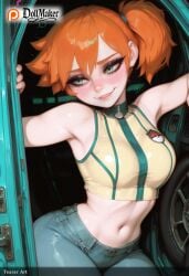 ai_generated armpits bare_shoulders blush breasts car car_interior crop_top denim dollmaker dollmaker_(artist) female ground_vehicle jeans kasumi_(pokemon) midriff motor_vehicle navel orange_hair pants patreon_logo patreon_username pokemon_(creature) side_ponytail smile solo suspenders tagme watermark