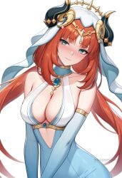 ai_generated alternate_costume aqua_eyes bare_shoulders blush breasts brooch circlet cleavage closed_mouth clothing_cutout detached_sleeves dress elbow_gloves fake_horns female gem genshin_impact horns jewelry large_breasts long_hair looking_at_viewer low_twintails neck_ring nilou_(genshin_impact) parted_bangs red_hair shadowrealmarts simple_background sleeveless smile solo twintails uncensored veil white_background white_headwear white_veil
