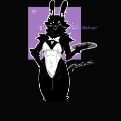 backrooms backrooms_creature black_body bunny_ears bunnysuit female female_only five_nights_at_freddy's fnaf furry hand_on_hip holding_object karelia_(acerattman) oc original_character piercings shadow_bonnie simple_background smiler_(the_backrooms) smiling white_eyes