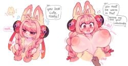 1girls big_areola bunny_ears bunny_girl cute female_focus fluffy fluffy_ears huge_breasts inverted_nipples labubu pop_mart raikissu shocked shocked_expression the_monsters top_heavy top_view twintails zenless_zone_zero zhao_(zenless_zone_zero)