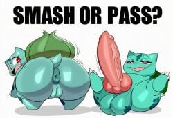 absurd_res ai_generated anus ass big_balls big_butt big_penis bulbasaur duo elemental_creature english_text erection female feral flora_fauna generation_1_pokemon genitals green_body hellsonger hi_res humanoid_genitalia humanoid_penis looking_at_viewer looking_back narrowed_eyes nintendo nude open_mouth pokemon pokemon_(species) presenting presenting_hindquarters pussy red_eyes simple_background smile text vein veiny_penis white_background
