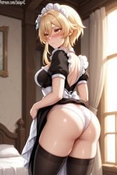 1girls ai_generated ass blonde_hair blush dress dress_lift female female female_only from_behind genshin_impact hair_flower hair_ornament long_hair looking_away lumine_(genshin_impact) maid maid_apron maid_dress maid_outfit maid_uniform medium_breasts panties patreon round_ass salupai showing_ass solo solo_female thick_thighs thighhighs thighs tight_clothing tight_panties uncensored watermark white_panties yellow_eyes